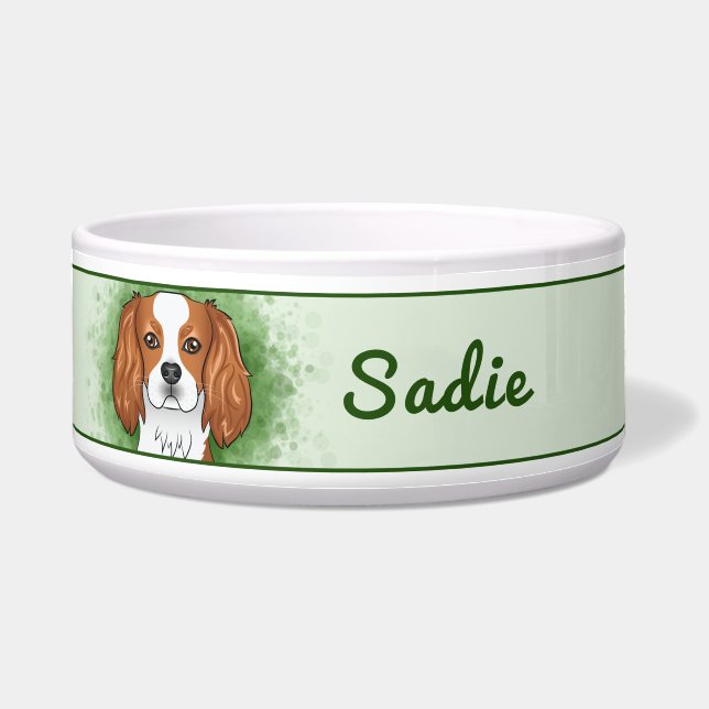 Comedero Cavalier King Charles Spaniel Blenheim sobre verde (Frente)