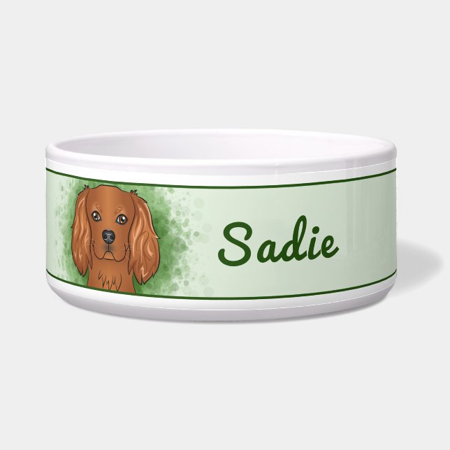 Comedero Cavalier King Charles Spaniel de rubí sobre verde (Frente)
