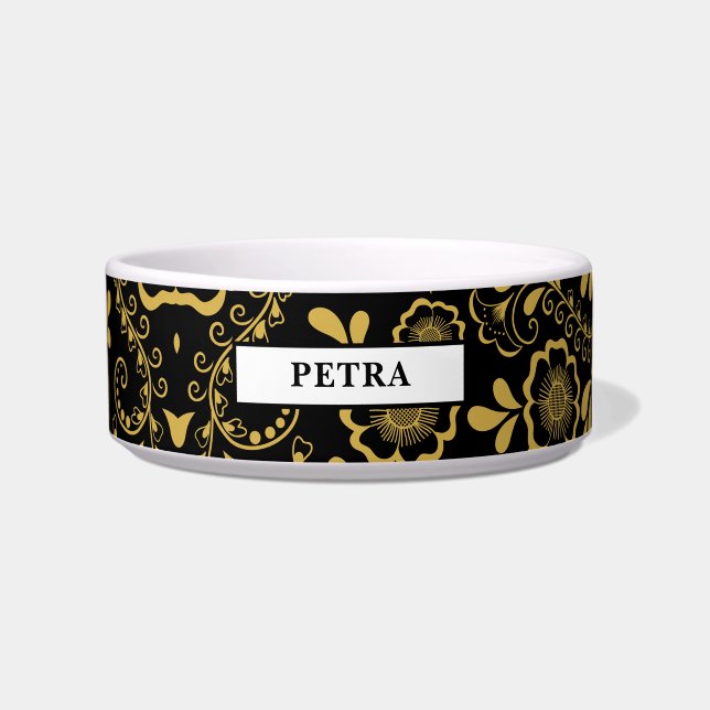 Comedero Chic Oro y Negro Floral (Frente)