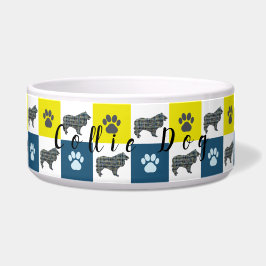 Comedero Collie Dog & Paw Yellow & Blue Grid Dog Bowl