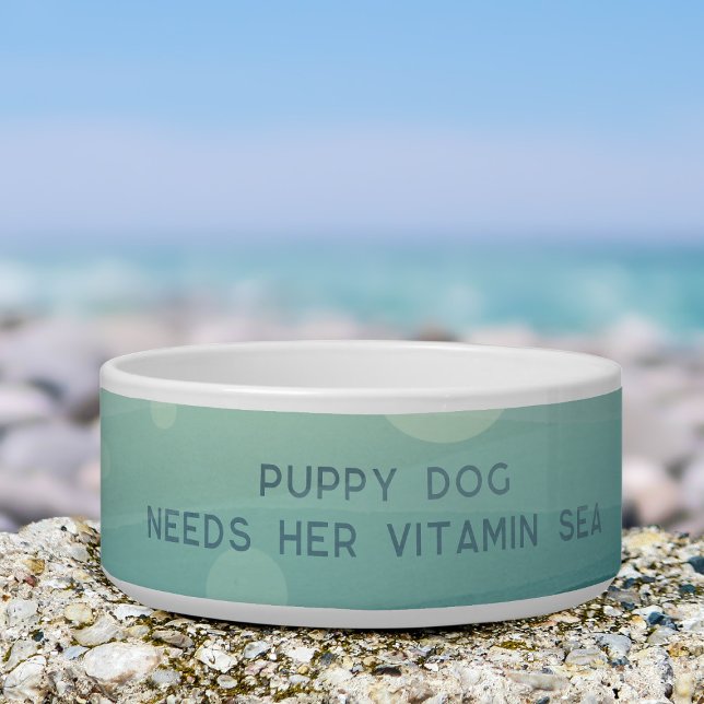 Comedero Colores de agua verde azulada Merpup Vitamina Sea  (Add your dog's name to this teal watercolor waves dog bowl)