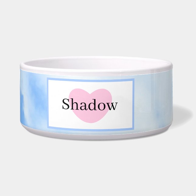 Comedero Corazón rosa azul cielo lindo con Mascota de nombr (Frente)