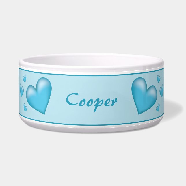 Comedero Corazones Azules Con Nombre Mascota Personalizado (Frente)