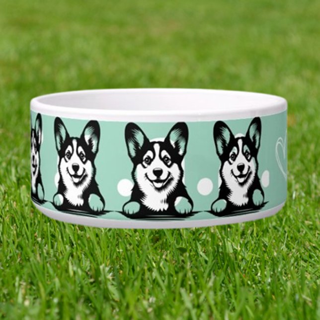 Comedero Corgi curioso personaliza tema verde (Cute Personalized Dog Water Bowl)