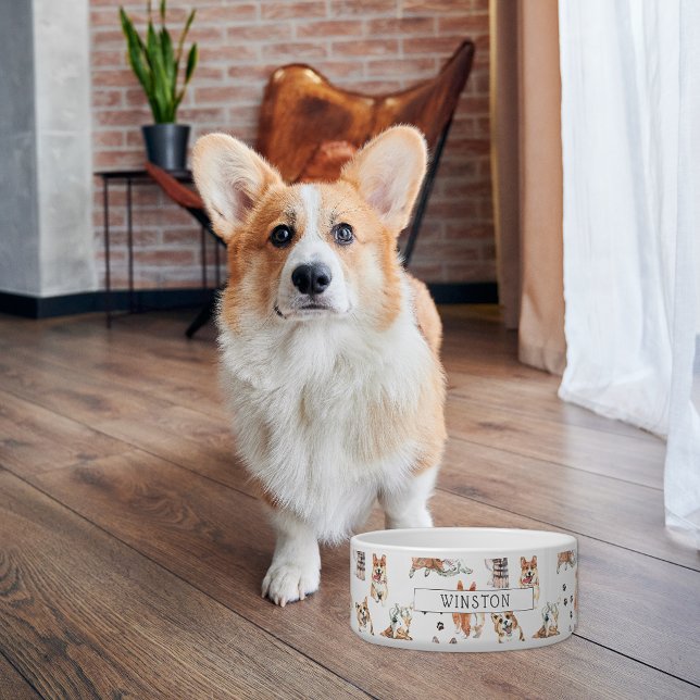 Comedero Corgi Galés de Pembroke Perro Acuarela | Monograma (Subido por el creador)