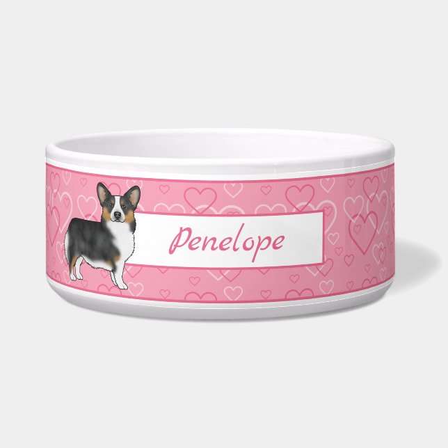 Comedero Corgi galés Tri Pembroke negro con nombre (Frente)