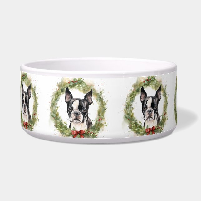 Comedero Corona de Navidad de Boston Terrier Perro festivo (Frente)