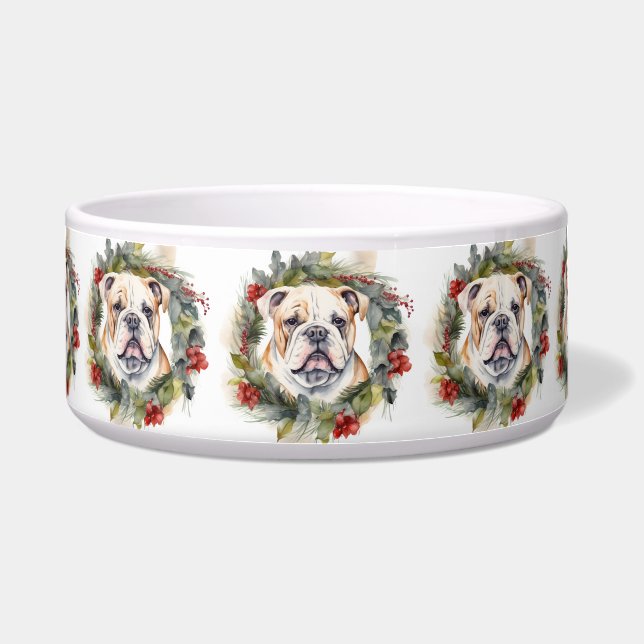 Comedero Corona de Navidad de Bulldog Perro Festivo (Frente)