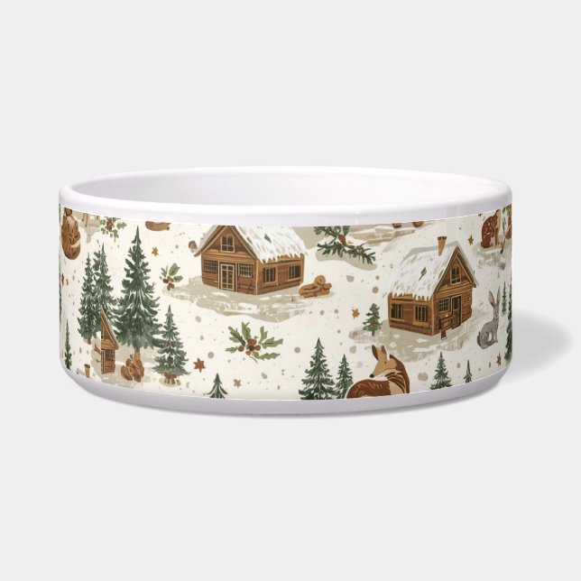 Comedero Cozy Woodland Cabin Dog Bowl – Deer, Foxes & Pines (Frente)