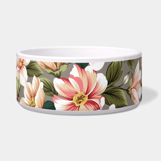 Comedero Crema, flores rosas en gris. (Frente)
