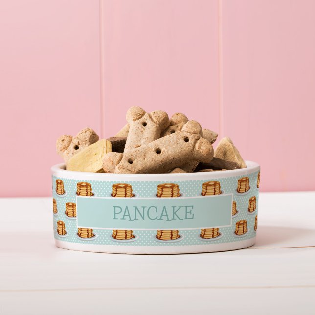 Comedero Crepes con jarabe de arce y patrón Polkadot (Pancake Pattern Dog Bowl with Custom Name & custom background colour)