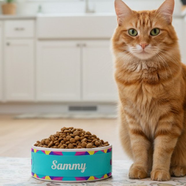 Comedero Cubeta de cerámica geométrica de Retro verde marin (Custom eats for the cat who runs the house. Brightly colored and many to choose from.)