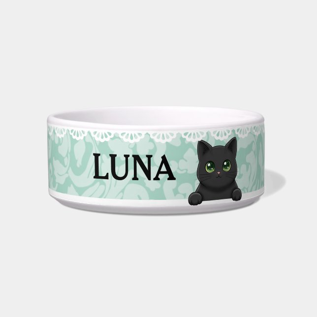 Comedero Cute Black Cat Mint Custom Name (Frente)