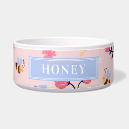 Comedero Cute Honey Bee Floral Rosa Monograma Mascota Nombr