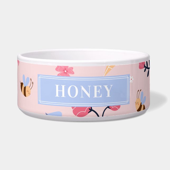 Comedero Cute Honey Bee Floral Rosa Monograma Mascota Nombr (Frente)