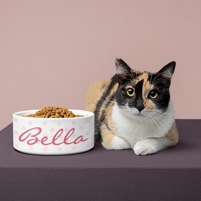 Comedero Cute retro Pink Polka Dots Cat Kitty Mascota Nombr (Cute Retro Pink Polka Dots Cat Kitty Pet Name Food Bowl)