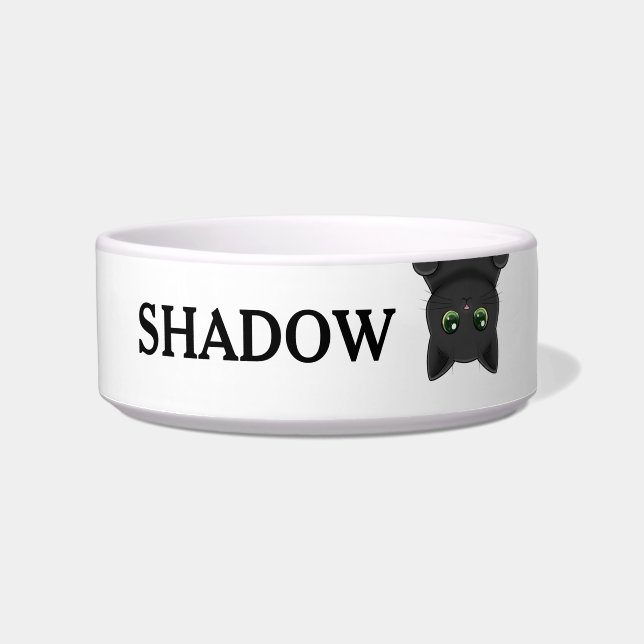 Comedero Cute Upside Down Peeking Black Cat Custom Name (Frente)
