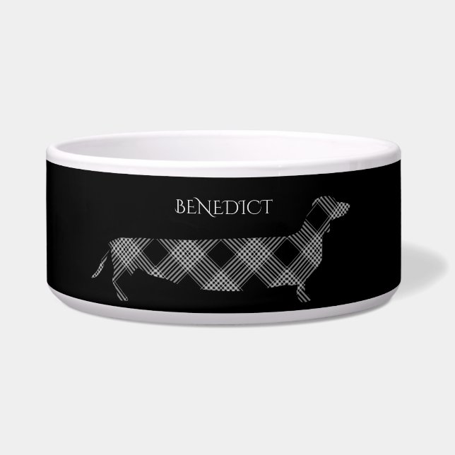 Comedero Dachshund de cuadros en negro personalizado (Frente)