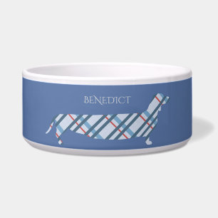 Comedero Dachshund de cuadros escoceses en azul personaliza