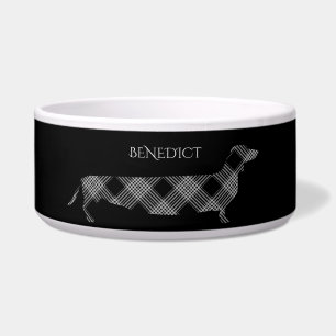 Comedero Dachshund de cuadros escoceses en negro personaliz