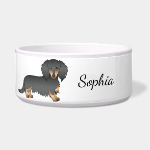 Comedero Dachshund de pelo largo negro y fuego con dibujo a