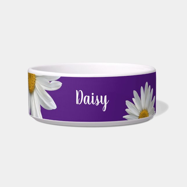 Comedero Daisies blancos de moda Mascota morado floral (Frente)