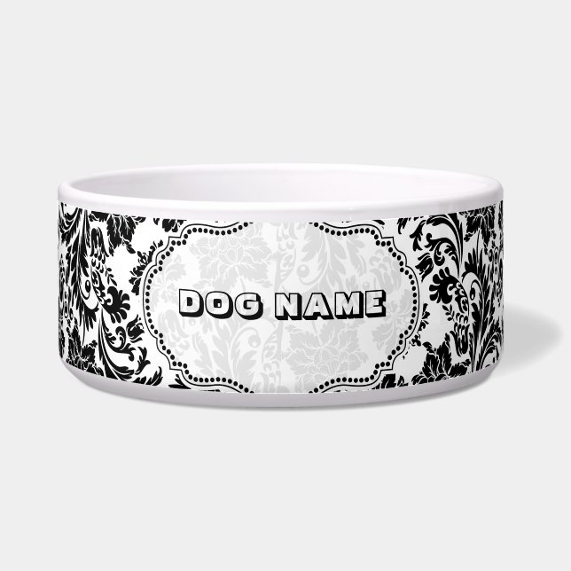 Comedero Damascos florales en blanco y negro 4-Monogramados (Frente)