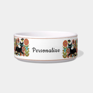 Comedero Diseño personalizado floral de gato negro retro añ