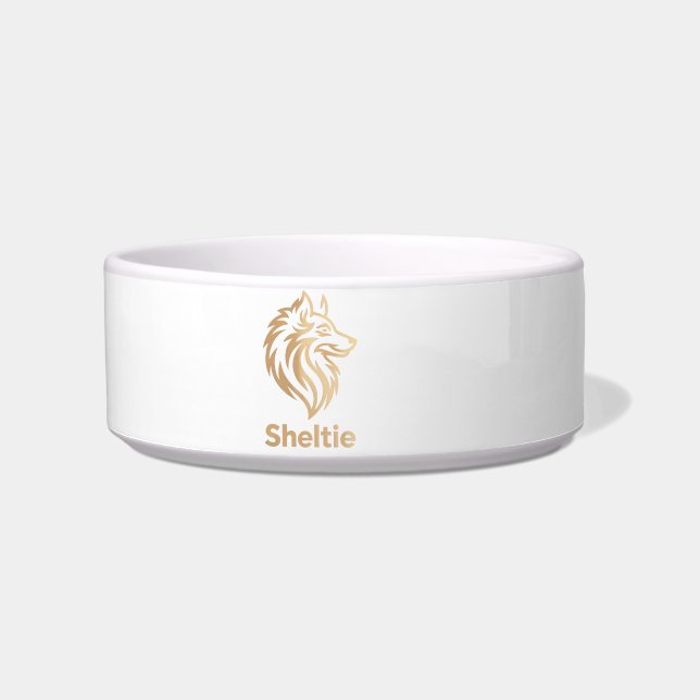 Comedero Diseño Premium de Sheltie en Dorado (Frente)
