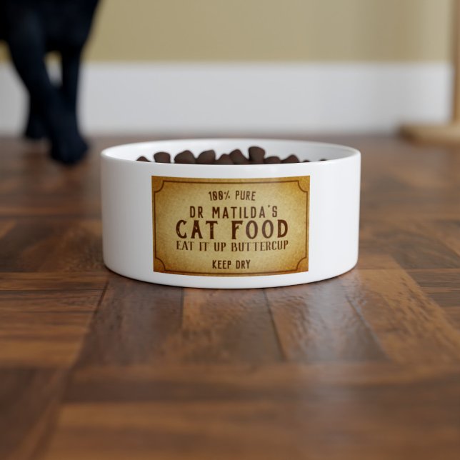 Comedero Divertido comerlo con mariposa Mascota Nombre Cat  (Add your cat's Dr name to this funny apothecary style vintage cat food bowl)