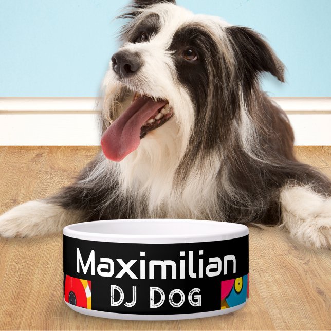 Comedero DJ Perro Divertido Discos de Vinilo Retro Colorido (A ceramic dog bowl in black with colorful vinyl records design, 'DJ Dog' caption and custom name)