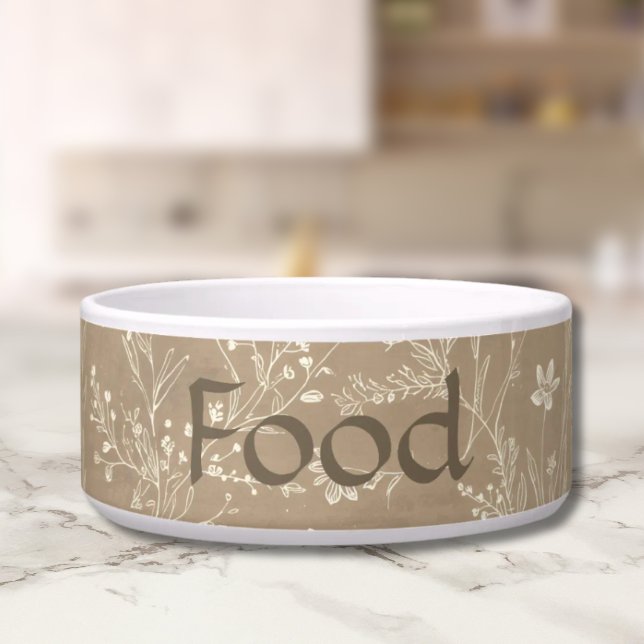 Comedero Dog Food Bowl - Brown Botanical, Personalized  (Personalized Brown Botanical Pet Food Bowl)