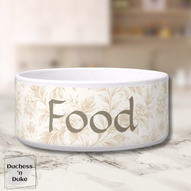 Comedero Dog Food Bowl - Ivlry Botanical, Name  (Dog Food Bowl with ivory botanical design displayed on marble counter top)