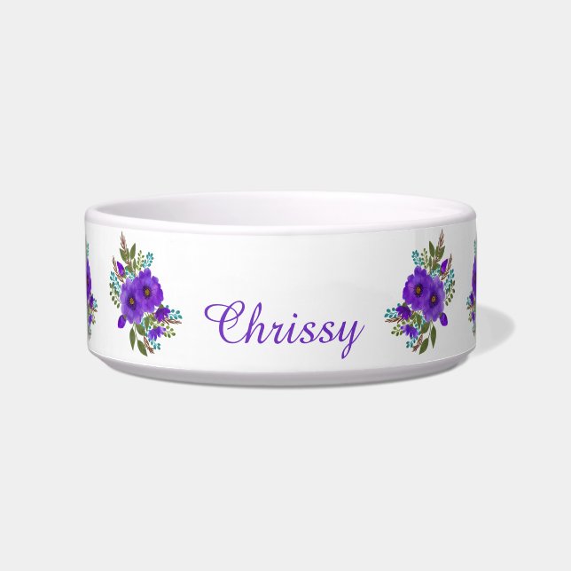 Comedero Elegante Mascota personalizado de flores moradas (Frente)