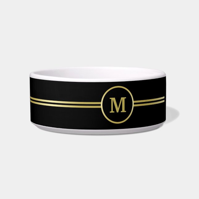 Comedero Elegante oro Monograma personalizado sobre negro (Frente)
