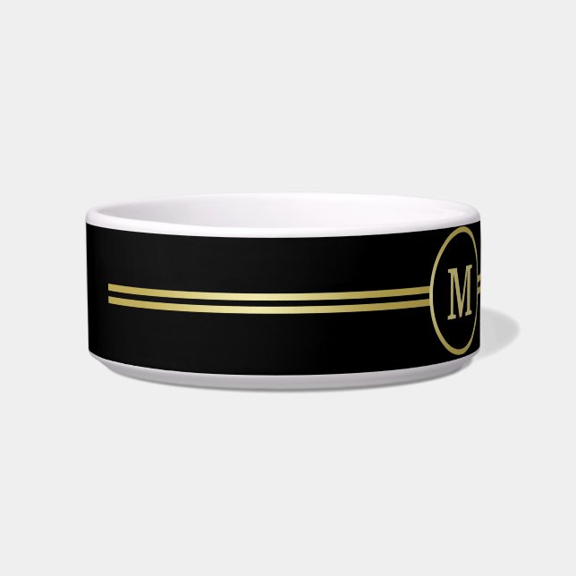 Comedero Elegante oro Monograma personalizado sobre negro (Frente)