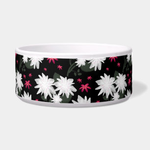 Comedero Elegante patrón floral blanco sobre fondo negro