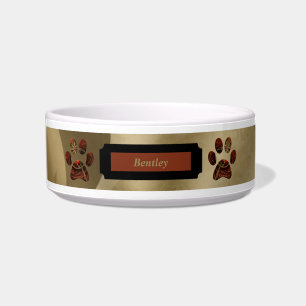 Comedero Elegante Tazón de Perro Rojo Monogramado de Oro co
