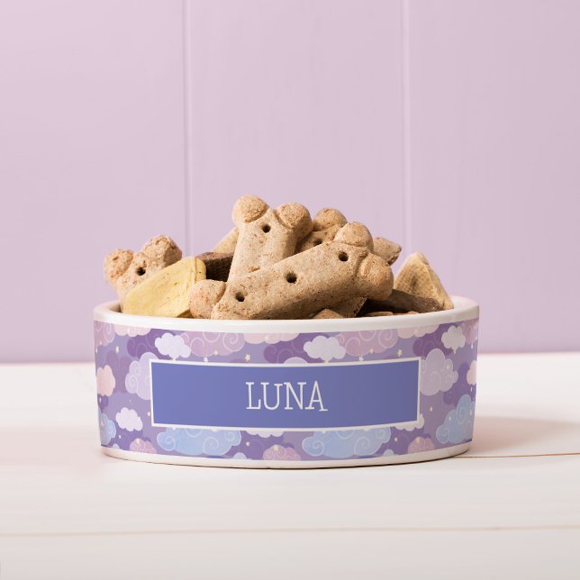Comedero Espectacular patrón de nubes pasteles y estrellas (Whimsical Purple Sky & Clouds Pattern Dog Bowl)