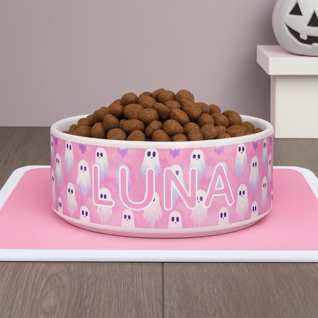 Comedero Fantasmas rosados fantasmagóricos nombre personali (Spooky Pink Ghosts Custom Name Halloween Dog Bowl)