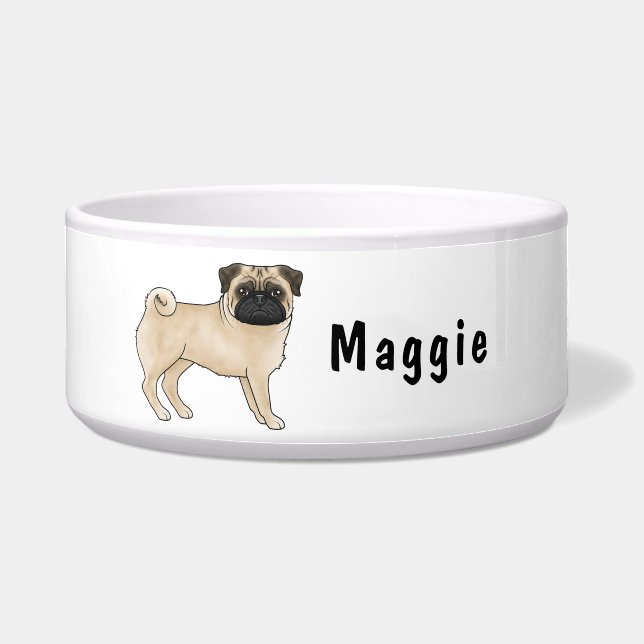 Comedero Fawn Pug Cute Cartog Perro con nombre personalizad (Frente)