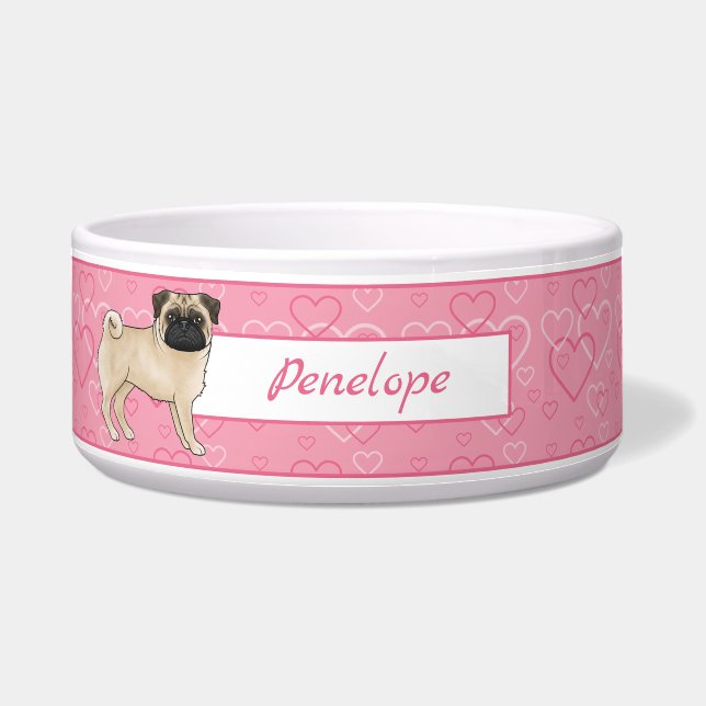 Comedero Fawn Pug Personalizado Se Monta Sobre Corazones Ro (Frente)