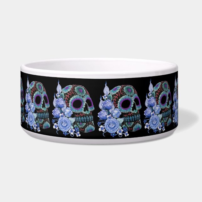 Comedero Floral Azul Floral Black Sugar Skull Day Of The De (Frente)