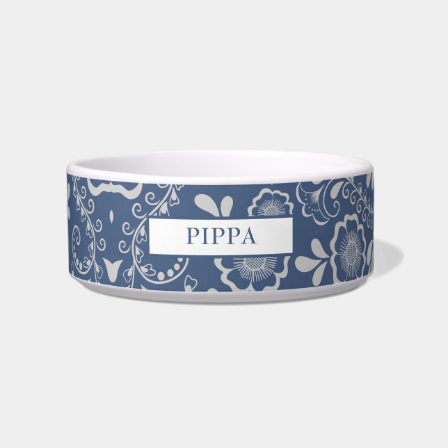 Comedero Floral Moderno de Plata y Azul (Frente)