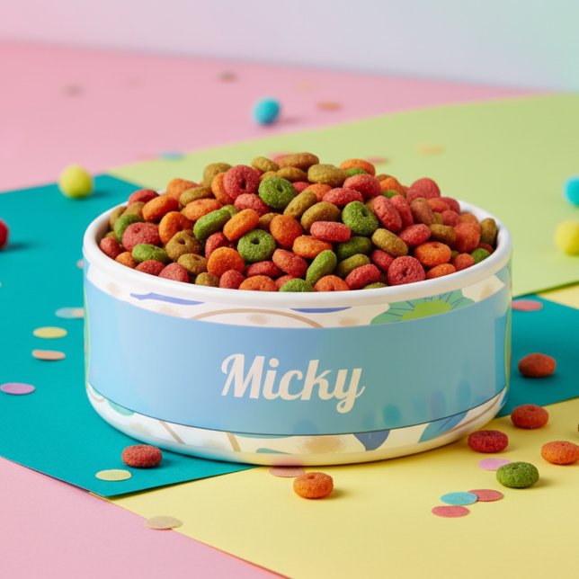 Comedero Flores de fantasía Blue Green Ceramic Pet Bowl (Give him a food bowl to be proud of. Pastel blue fantasy flowers with his name too.)