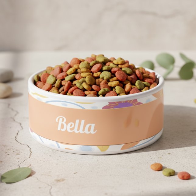 Comedero Flores de Fantasía Peach Blue Ceramic Pet Bowl (Cute pastel customizable food bowl for your furry friend.)