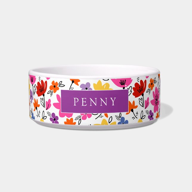 Comedero Flores de primavera alegres Perro personalizado (Frente)
