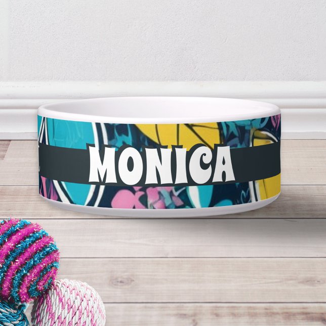 Comedero Flores Retro de Hippie Brillante y Divertido Gato (A cute personalized food/water bowl with 'Cool Cat' words on the sides, with groovy colorful pattern)