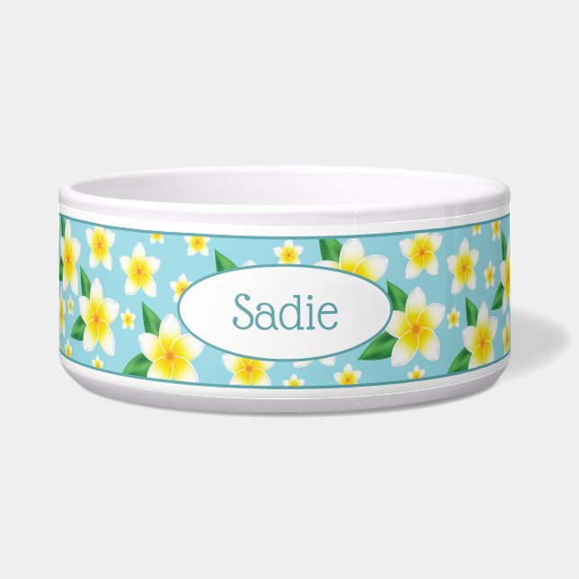 Comedero Flores y nombre personalizado de frangipani blanco (Frente)