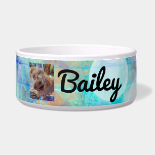 Comedero Foto y nombre del perro azul personalizado